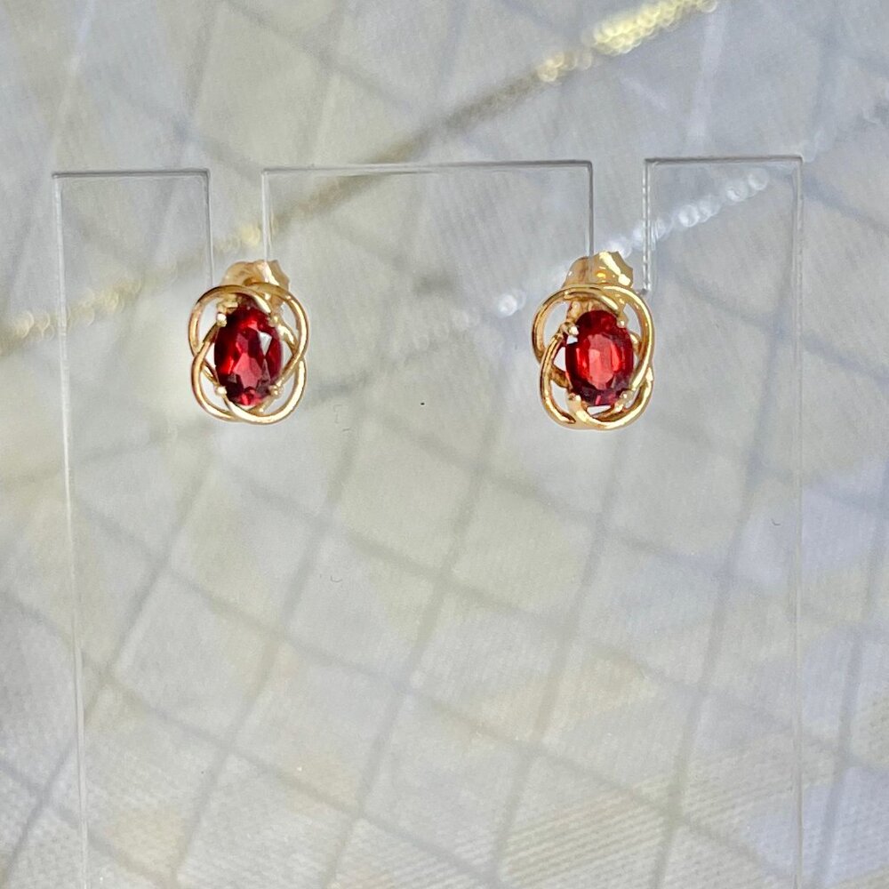 14K Gold Garnet Knot Post Earrings, January Birthstone Earrings